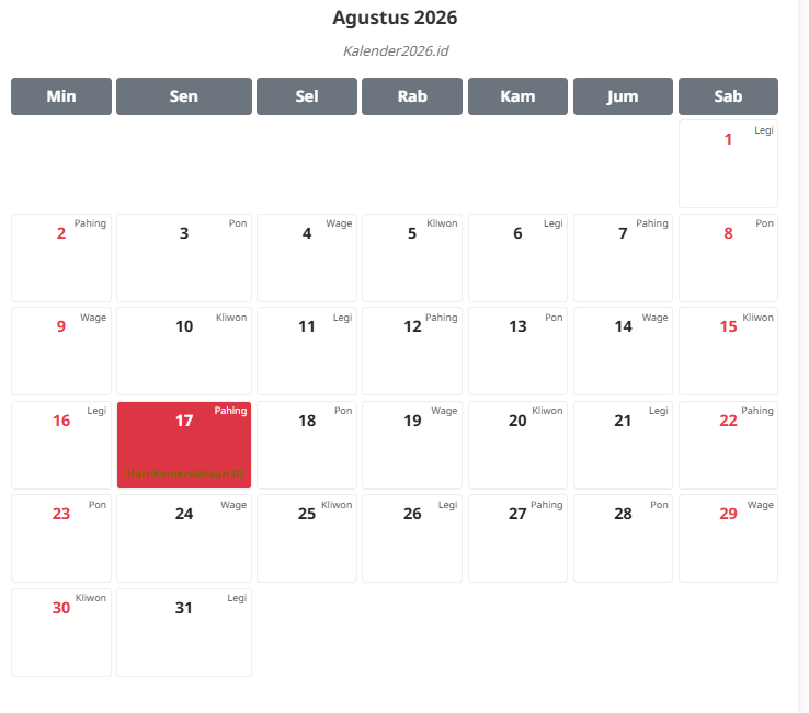 kalender agustus 2026