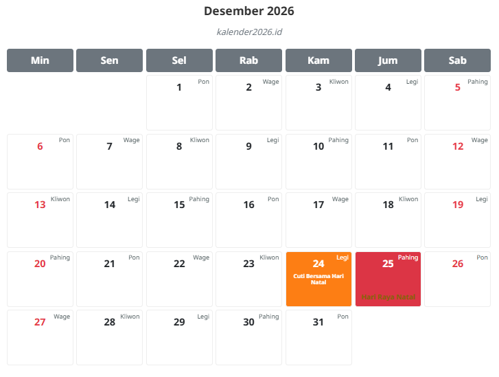 kalender desember 2026